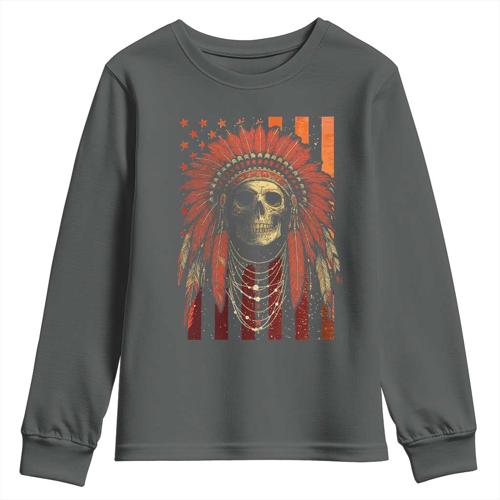 Native American Indian Chief Skull Headdress Vintage USA Flag Youth Sweatshirt - Wonder Print Shop