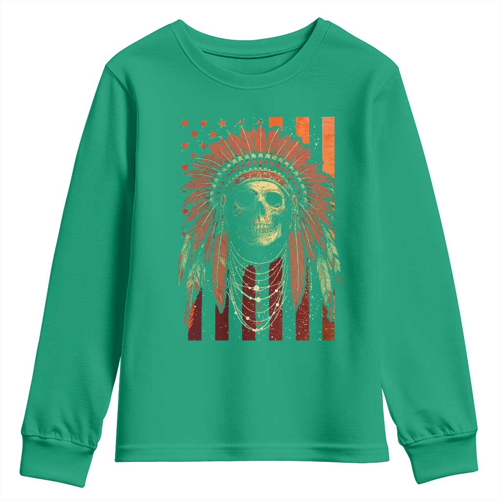 Native American Indian Chief Skull Headdress Vintage USA Flag Youth Sweatshirt - Wonder Print Shop