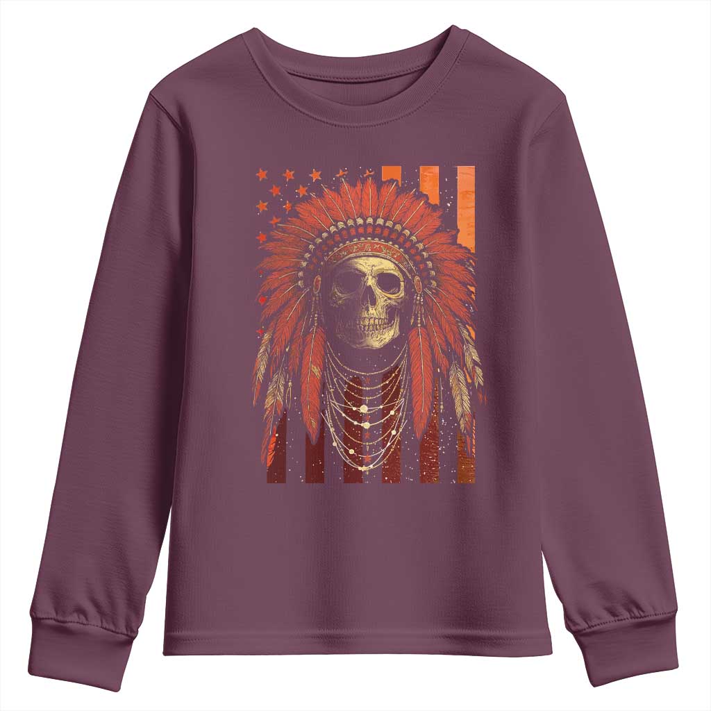 Native American Indian Chief Skull Headdress Vintage USA Flag Youth Sweatshirt - Wonder Print Shop