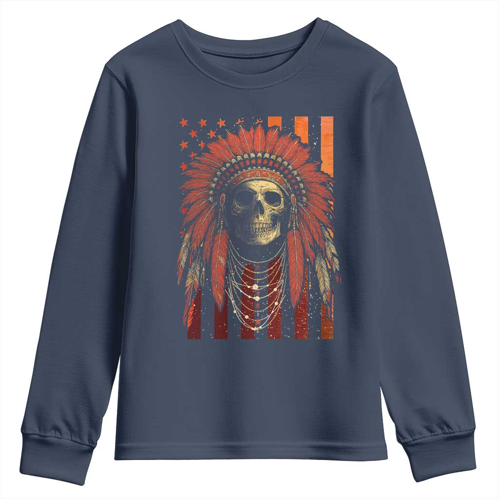 Native American Indian Chief Skull Headdress Vintage USA Flag Youth Sweatshirt - Wonder Print Shop