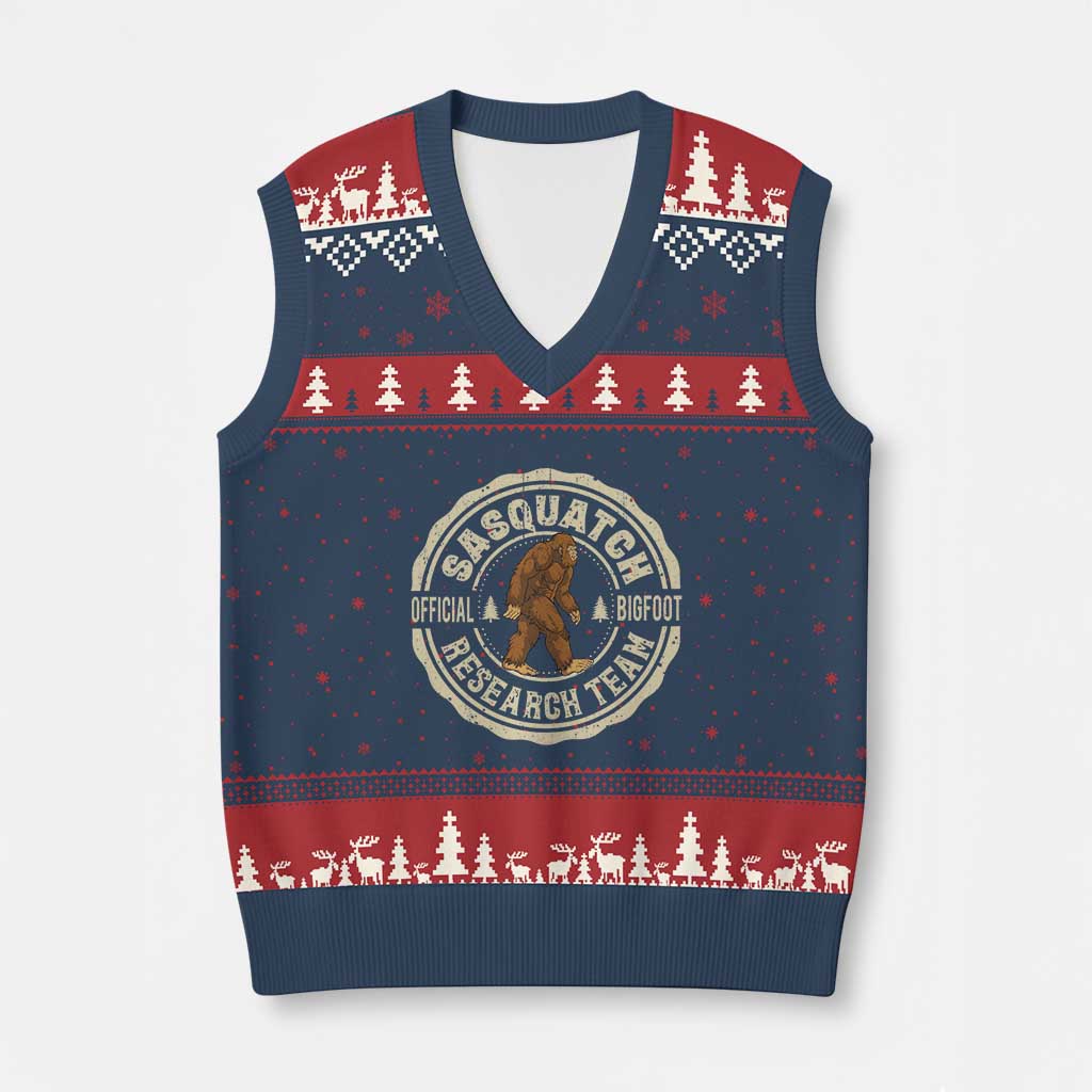 Funny Bigfoot Research Team V-Neck Knit Sweater Vest Retro Official Sasquatch Forest Stroll - Wonder Print Shop