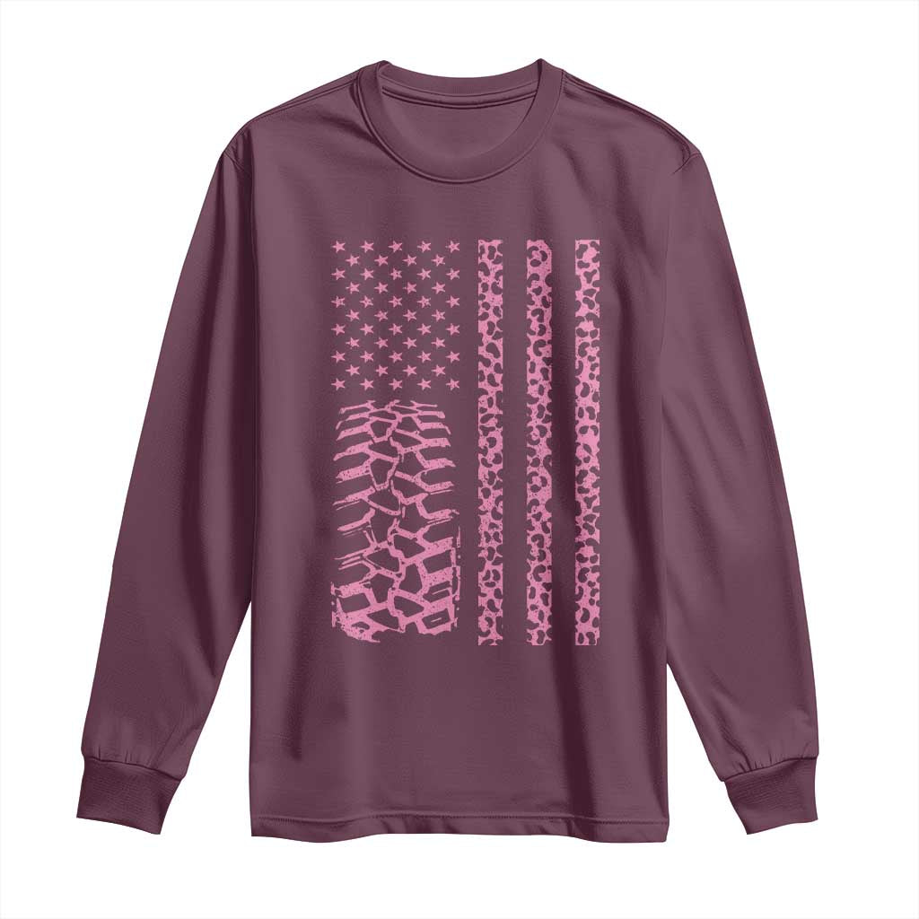 Off Road Car Wheel Pink Leopard Print American Flag Long Sleeve Shirt - Wonder Print Shop
