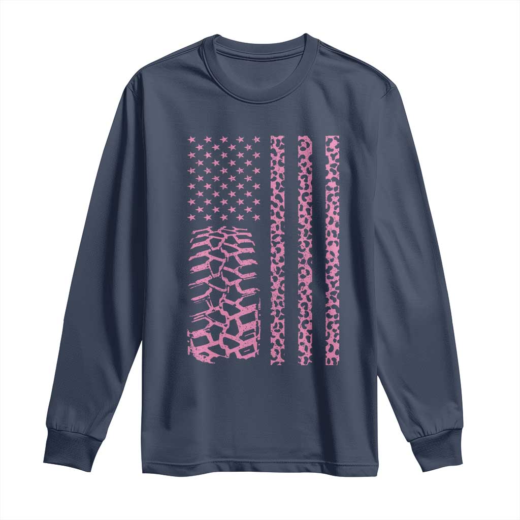 Off Road Car Wheel Pink Leopard Print American Flag Long Sleeve Shirt - Wonder Print Shop