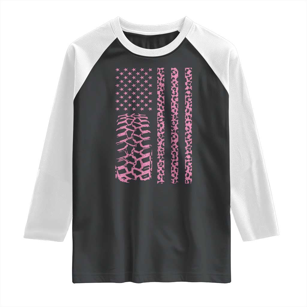 Off Road Car Wheel Pink Leopard Print American Flag Raglan Shirt - Wonder Print Shop