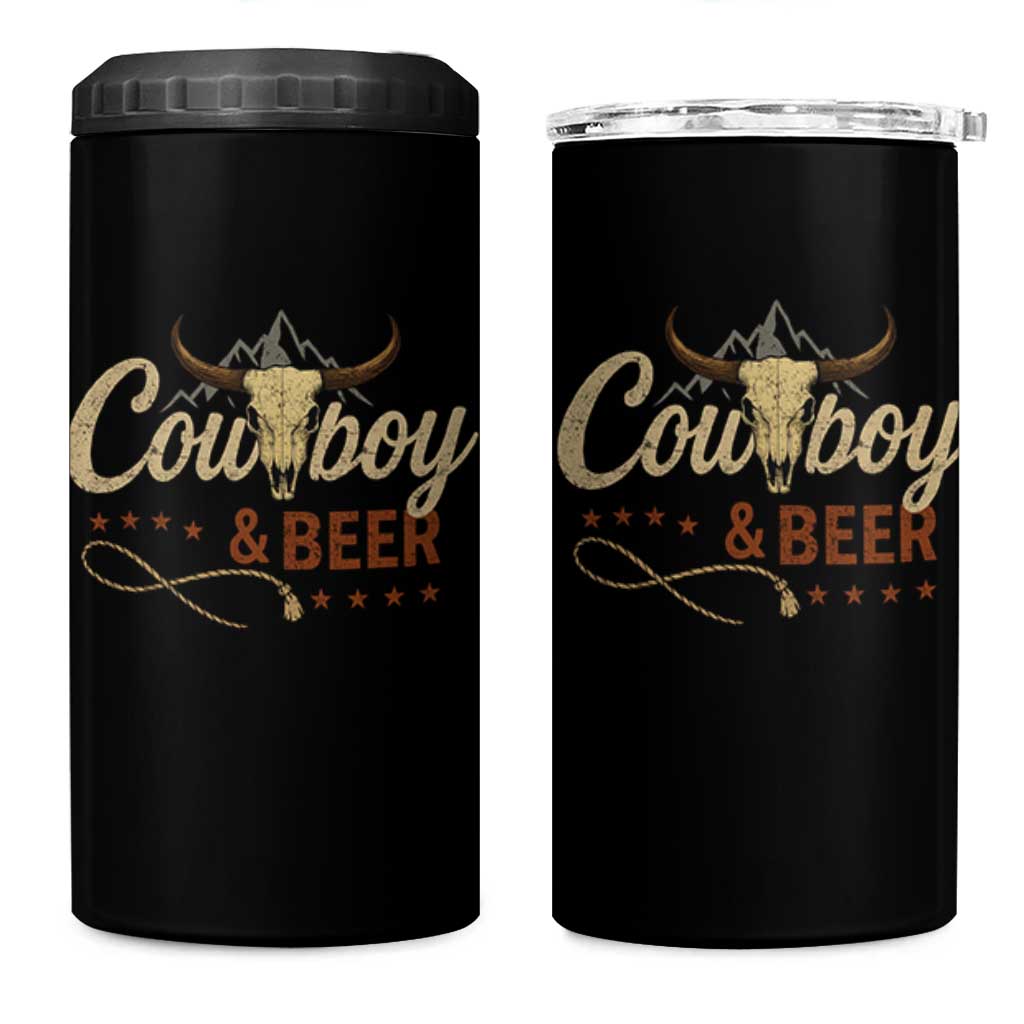 Funny Cowboy And Beer 4 in 1 Can Cooler Tumbler Western Country Music Longhorn Skull - Wonder Print Shop