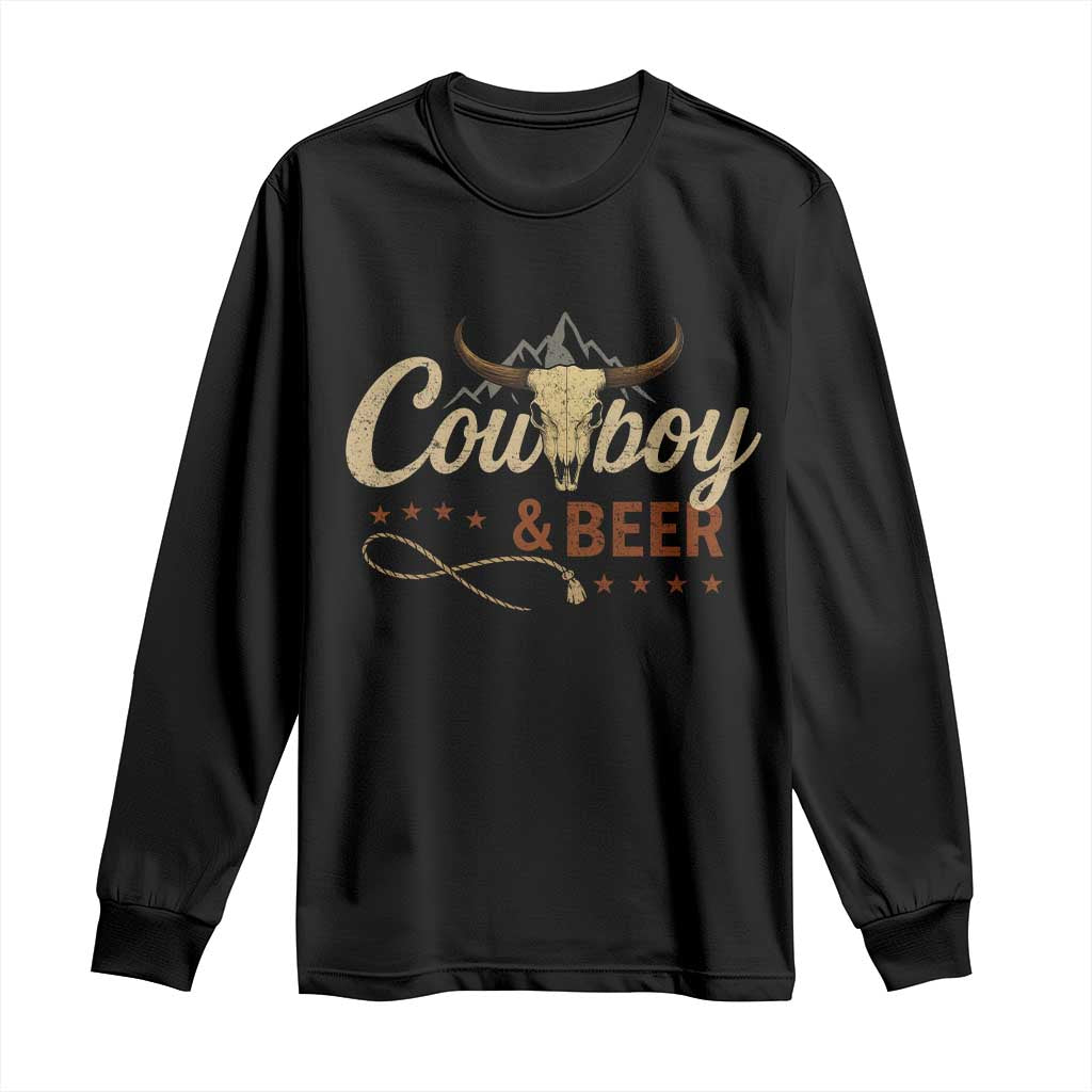 Funny Cowboy And Beer Long Sleeve Shirt Western Country Music Longhorn Skull - Wonder Print Shop