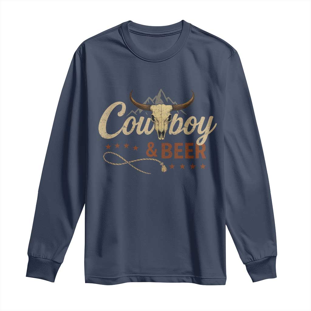 Funny Cowboy And Beer Long Sleeve Shirt Western Country Music Longhorn Skull - Wonder Print Shop