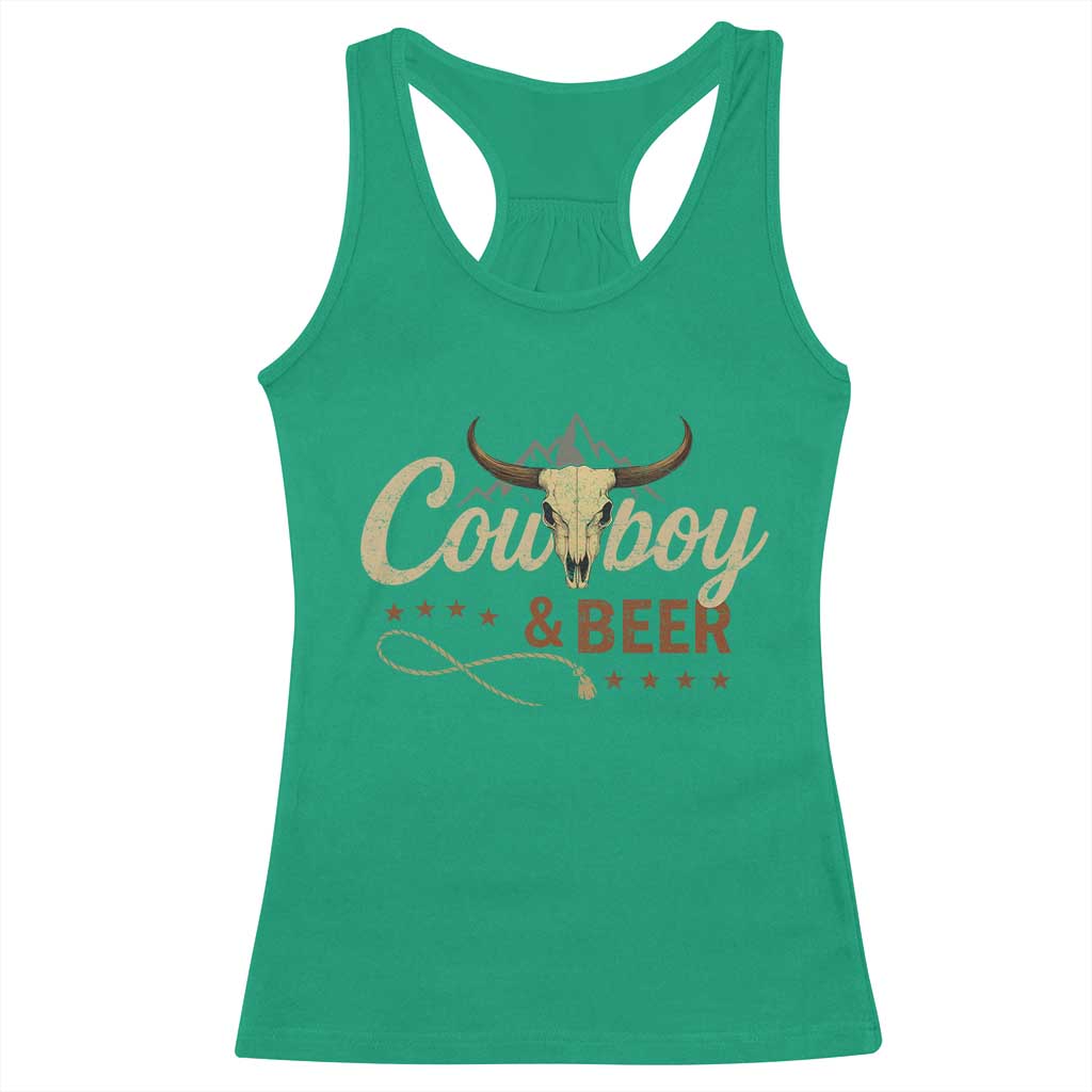 Funny Cowboy And Beer Racerback Tank Top Western Country Music Longhorn Skull - Wonder Print Shop