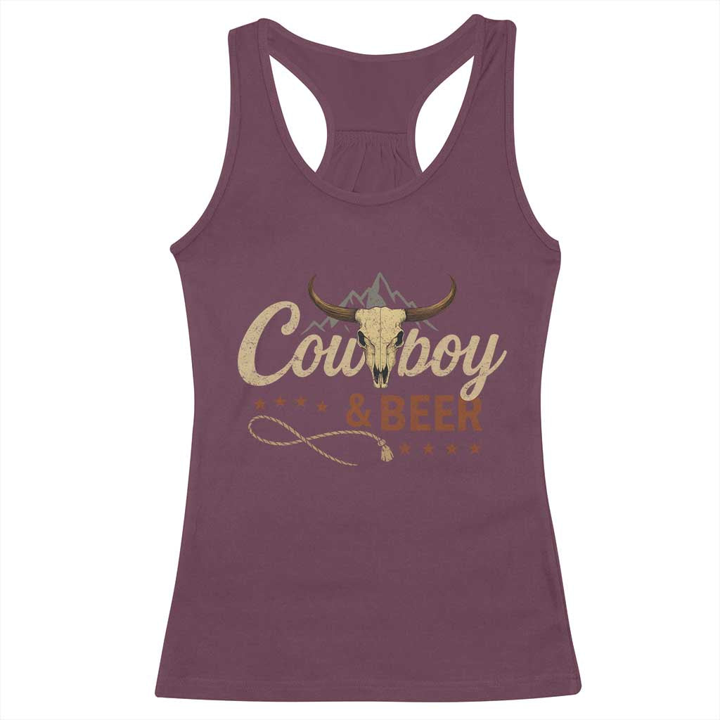 Funny Cowboy And Beer Racerback Tank Top Western Country Music Longhorn Skull - Wonder Print Shop