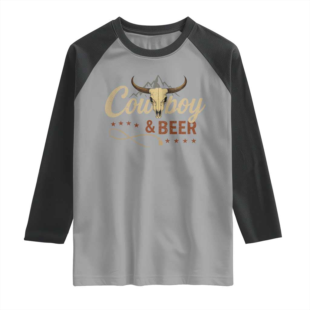 Funny Cowboy And Beer Raglan Shirt Western Country Music Longhorn Skull - Wonder Print Shop