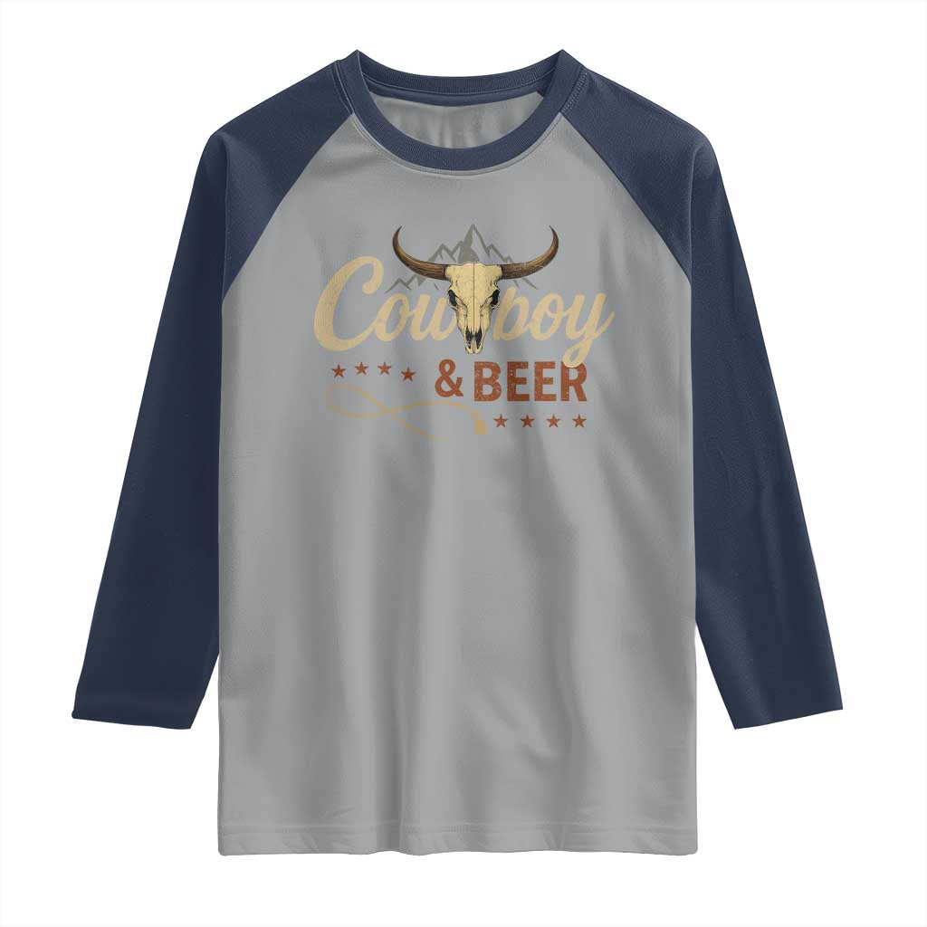 Funny Cowboy And Beer Raglan Shirt Western Country Music Longhorn Skull - Wonder Print Shop