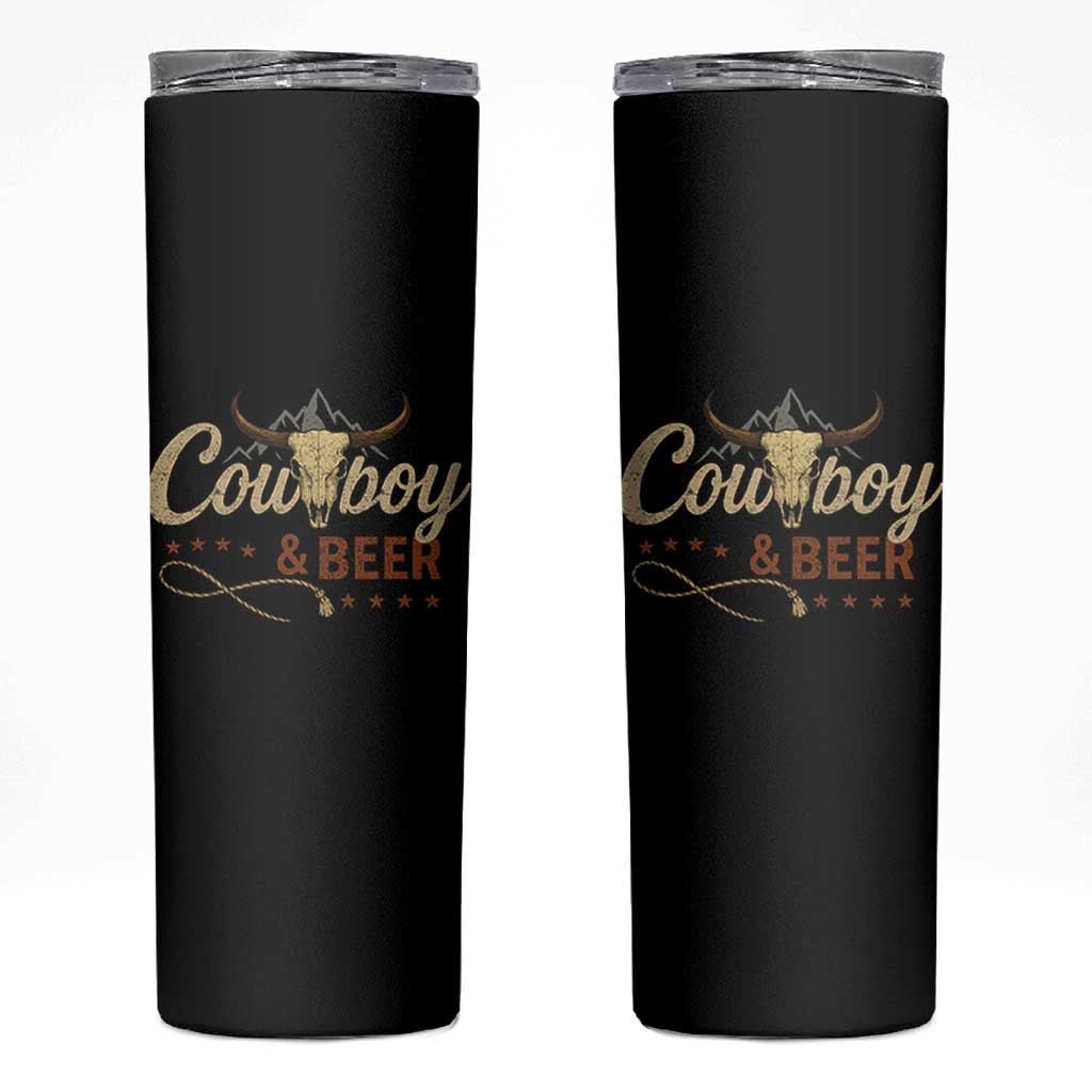 Funny Cowboy And Beer Skinny Tumbler Western Country Music Longhorn Skull - Wonder Print Shop