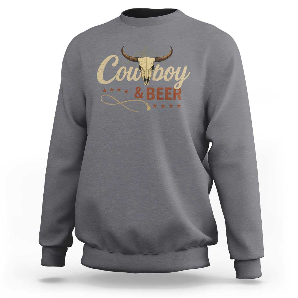 Funny Cowboy And Beer Sweatshirt Western Country Music Longhorn Skull - Wonder Print Shop