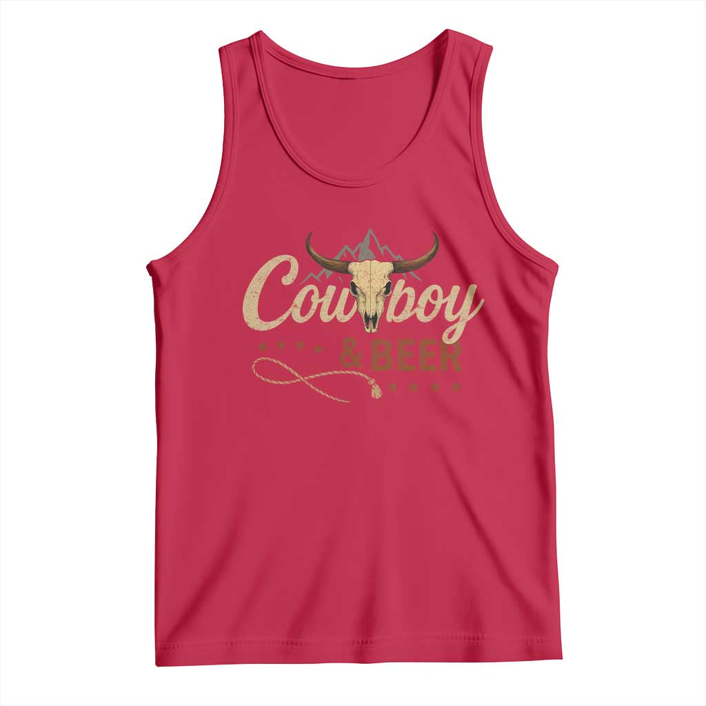 Funny Cowboy And Beer Tank Top Western Country Music Longhorn Skull - Wonder Print Shop