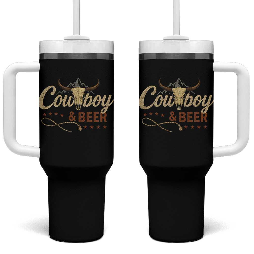Funny Cowboy And Beer Tumbler With Handle Western Country Music Longhorn Skull - Wonder Print Shop