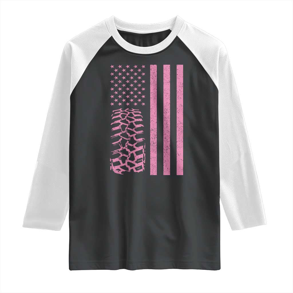 Off Road Car Wheel Vintage Pink American Flag Raglan Shirt - Wonder Print Shop
