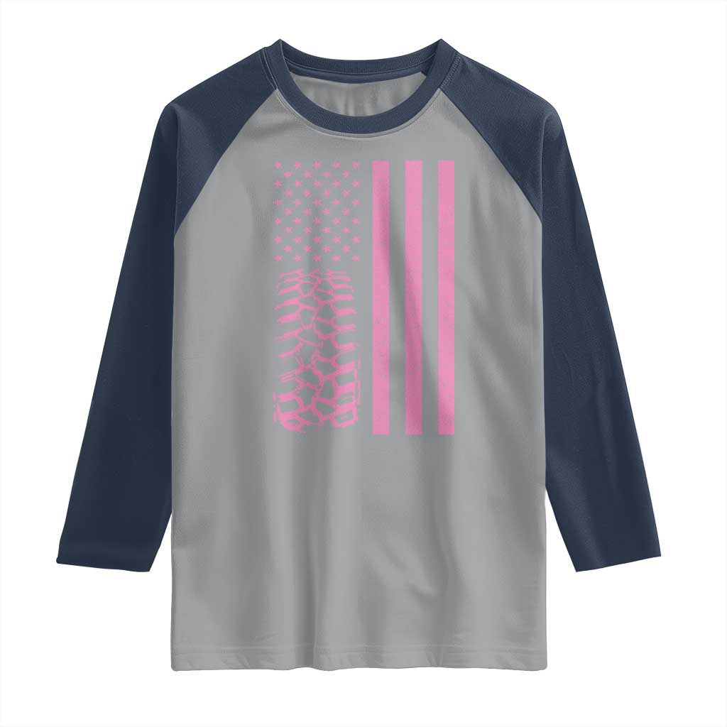 Off Road Car Wheel Vintage Pink American Flag Raglan Shirt - Wonder Print Shop