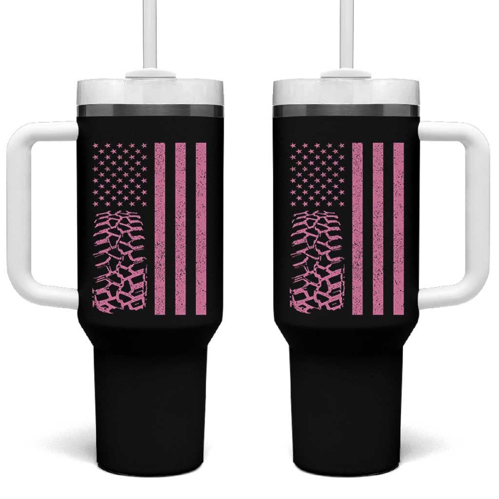 Off Road Car Wheel Vintage Pink American Flag Tumbler With Handle - Wonder Print Shop
