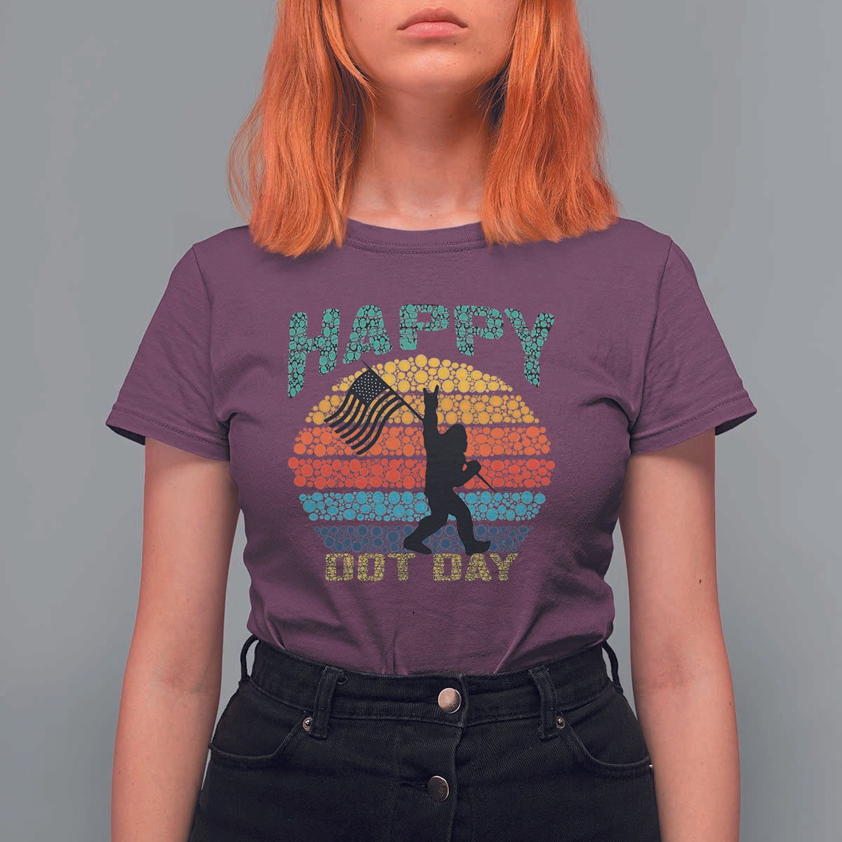 Happy Dot Day Bigfoot T Shirt For Women American Flag Retro Sunset - Wonder Print Shop