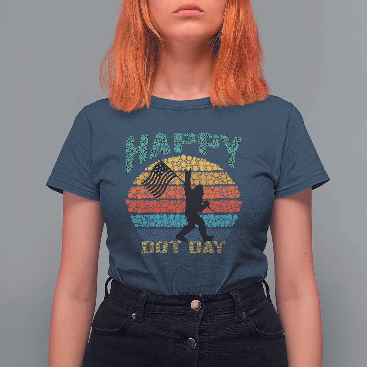 Happy Dot Day Bigfoot T Shirt For Women American Flag Retro Sunset - Wonder Print Shop