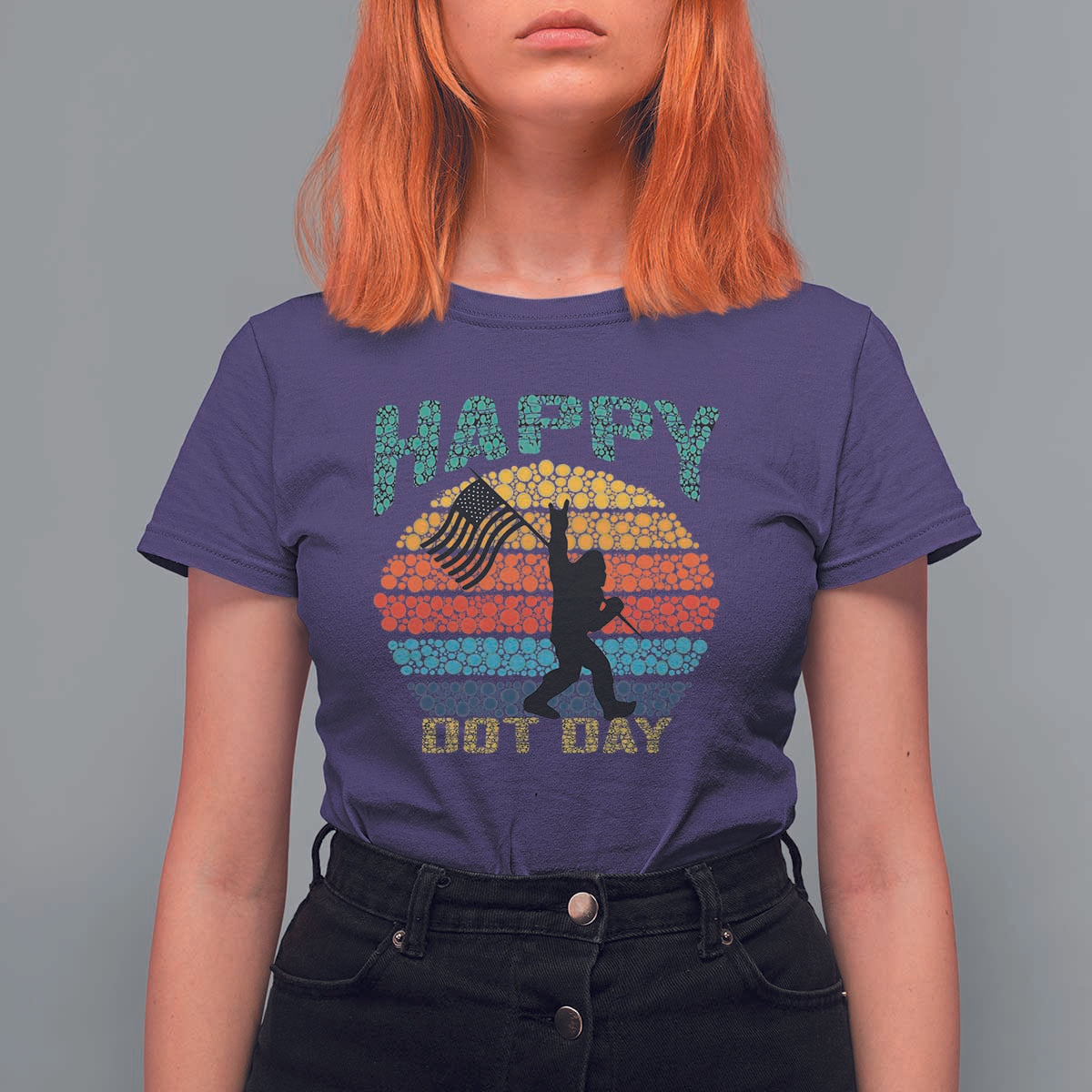 Happy Dot Day Bigfoot T Shirt For Women American Flag Retro Sunset - Wonder Print Shop