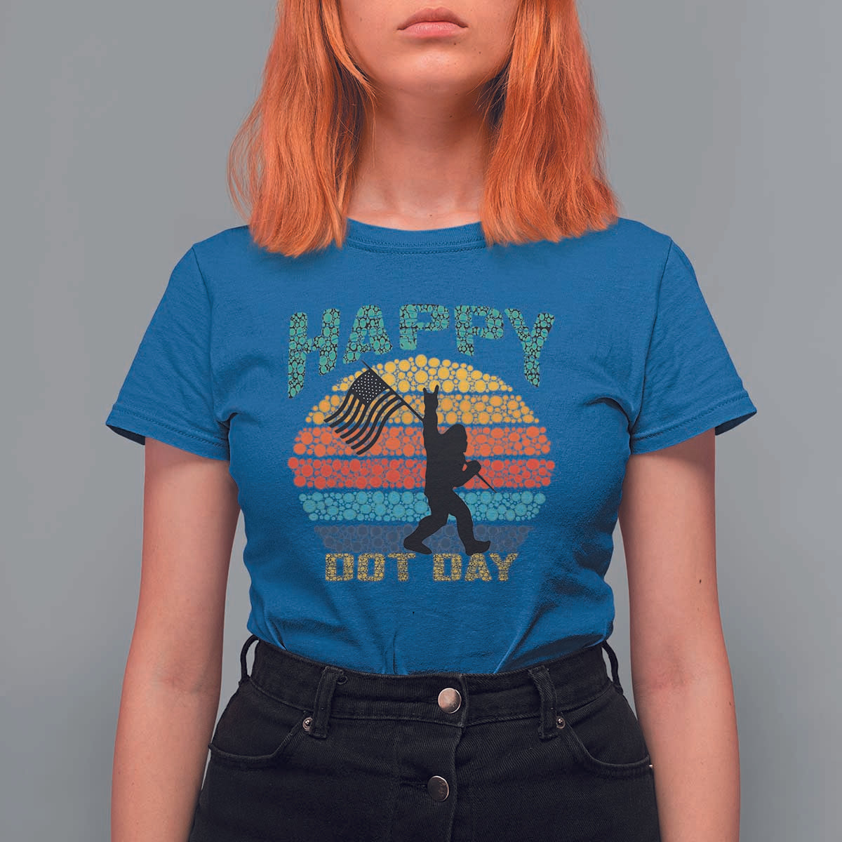 Happy Dot Day Bigfoot T Shirt For Women American Flag Retro Sunset - Wonder Print Shop