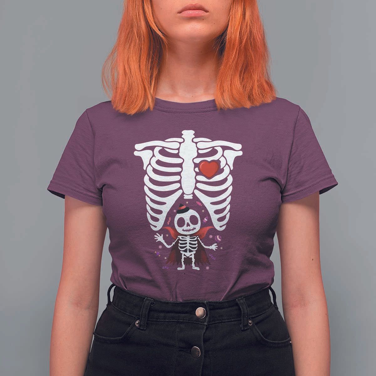 Pregnancy Announcement T Shirt For Women Halloween Vampire Skeleton Monster Baby Pregnant Candy - Wonder Print Shop