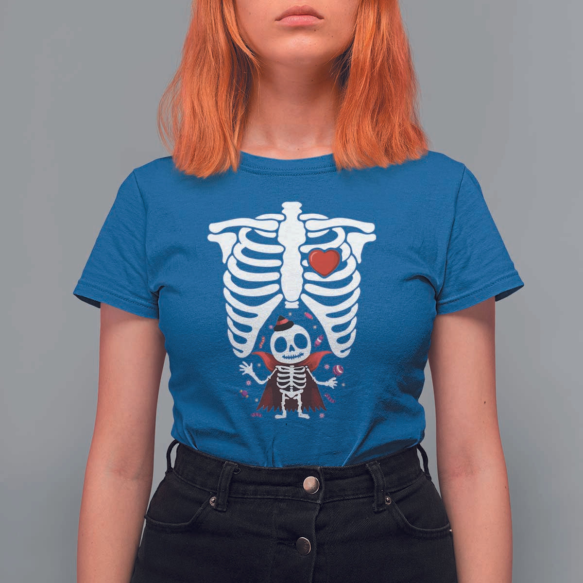Pregnancy Announcement T Shirt For Women Halloween Vampire Skeleton Monster Baby Pregnant Candy - Wonder Print Shop