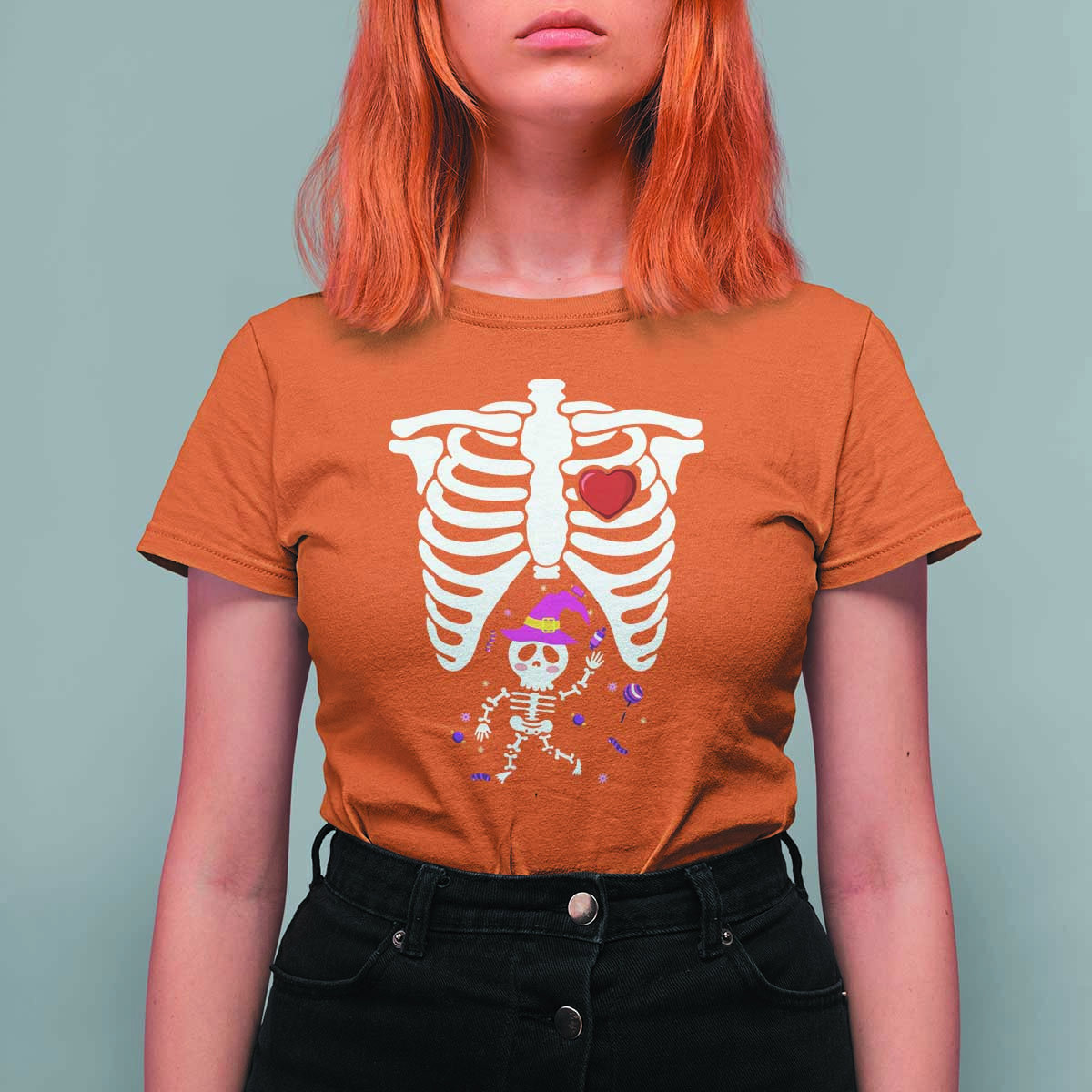 Pregnancy Announcement T Shirt For Women Halloween Witch Skeleton Monster Baby Pregnant Candy - Wonder Print Shop