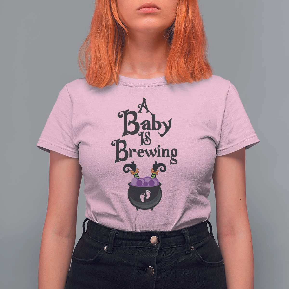Funny Halloween Pregnancy Announcement T Shirt For Women A Baby Is Brewing Witch Cauldron Footprint Pregnant Baby - Wonder Print Shop