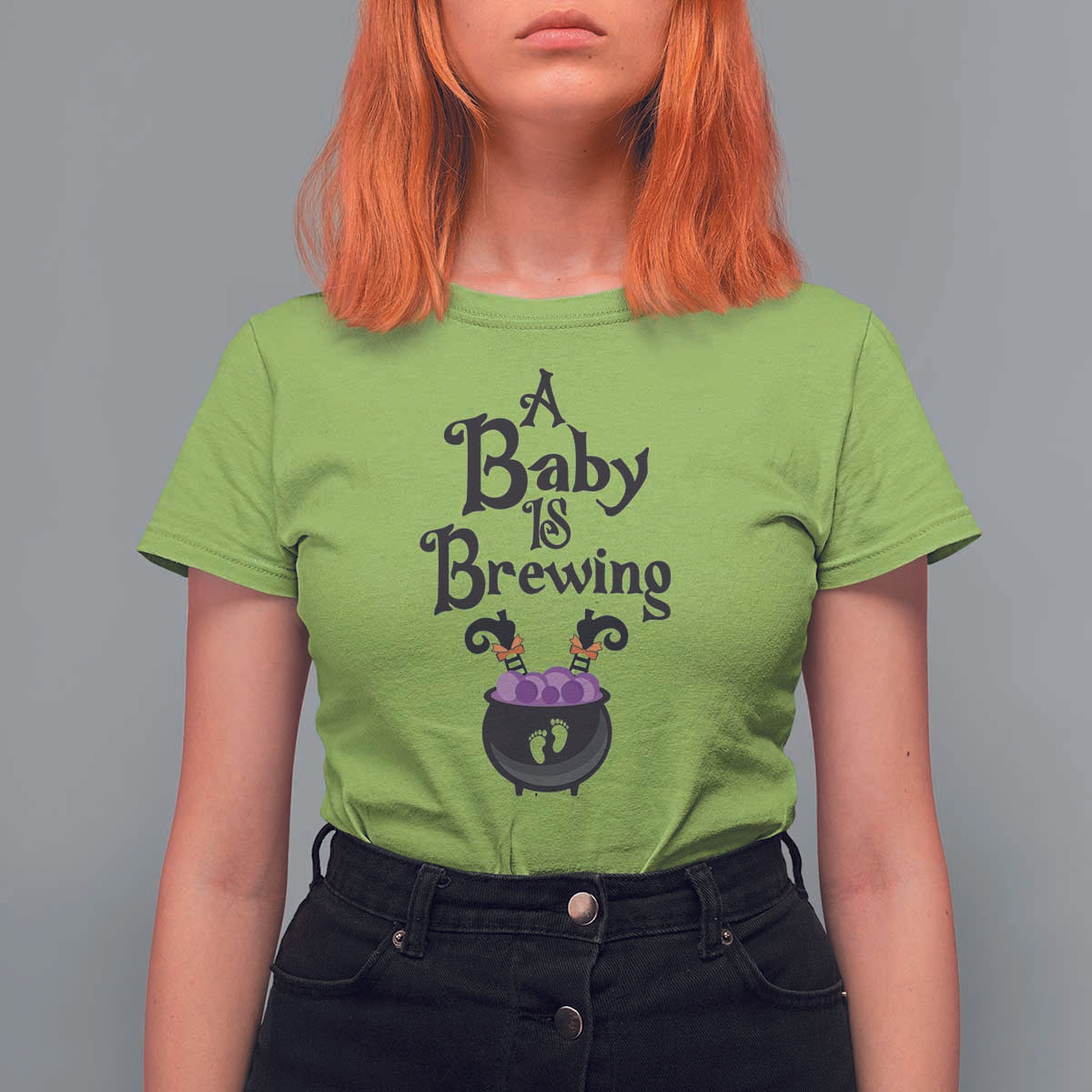 Funny Halloween Pregnancy Announcement T Shirt For Women A Baby Is Brewing Witch Cauldron Footprint Pregnant Baby - Wonder Print Shop