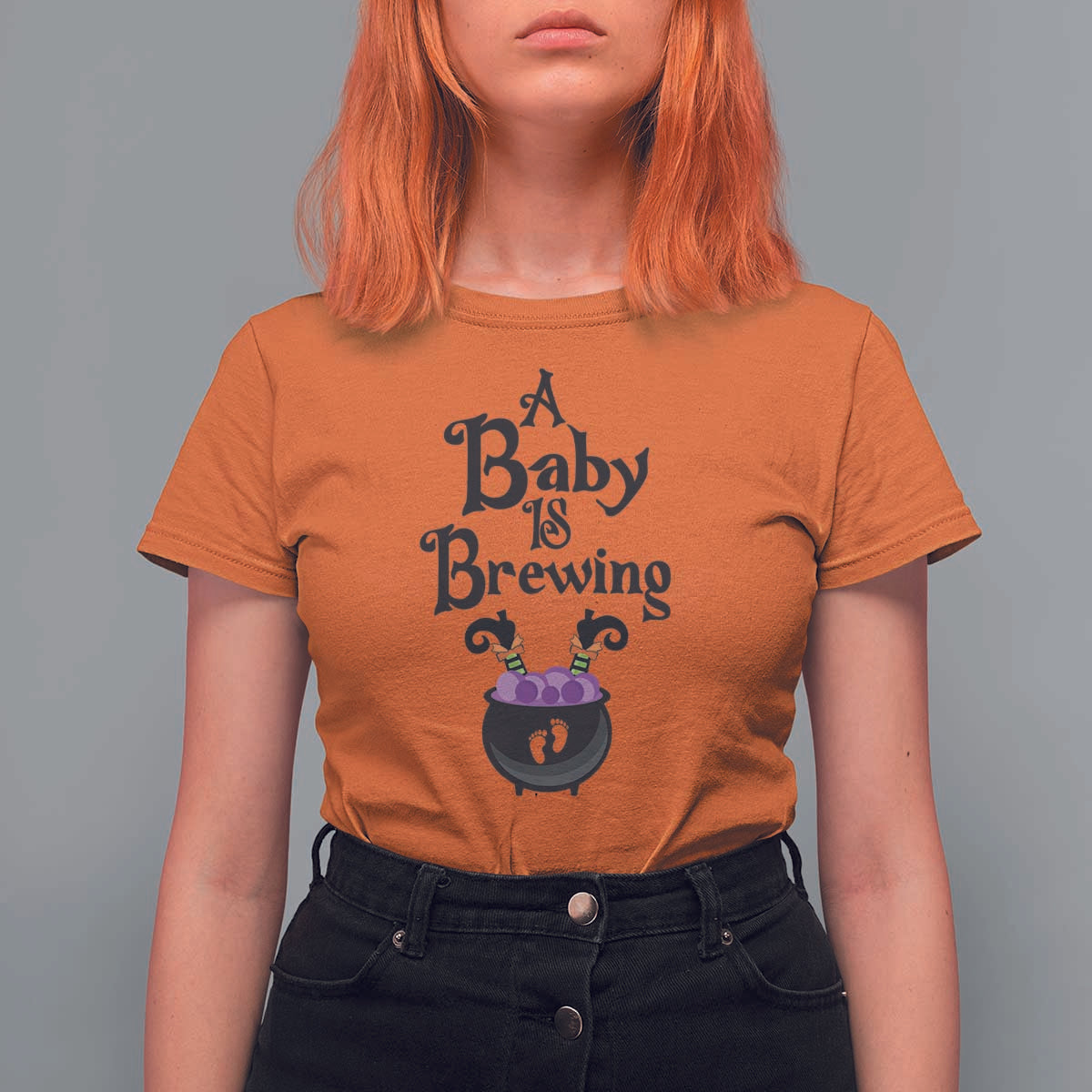 Funny Halloween Pregnancy Announcement T Shirt For Women A Baby Is Brewing Witch Cauldron Footprint Pregnant Baby - Wonder Print Shop
