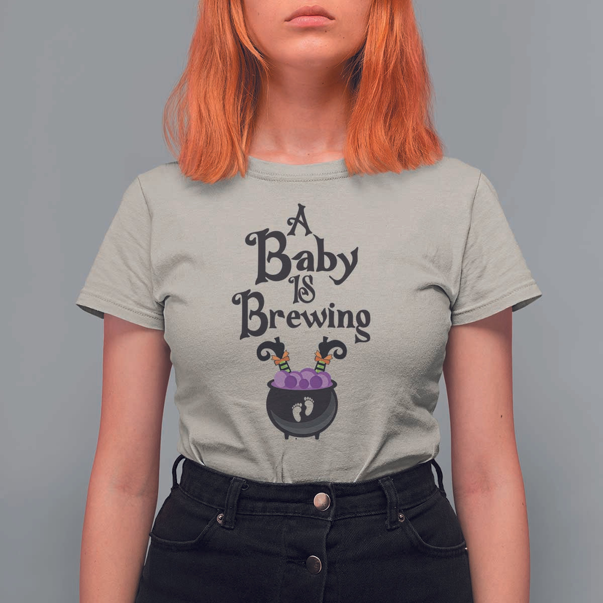 Funny Halloween Pregnancy Announcement T Shirt For Women A Baby Is Brewing Witch Cauldron Footprint Pregnant Baby - Wonder Print Shop