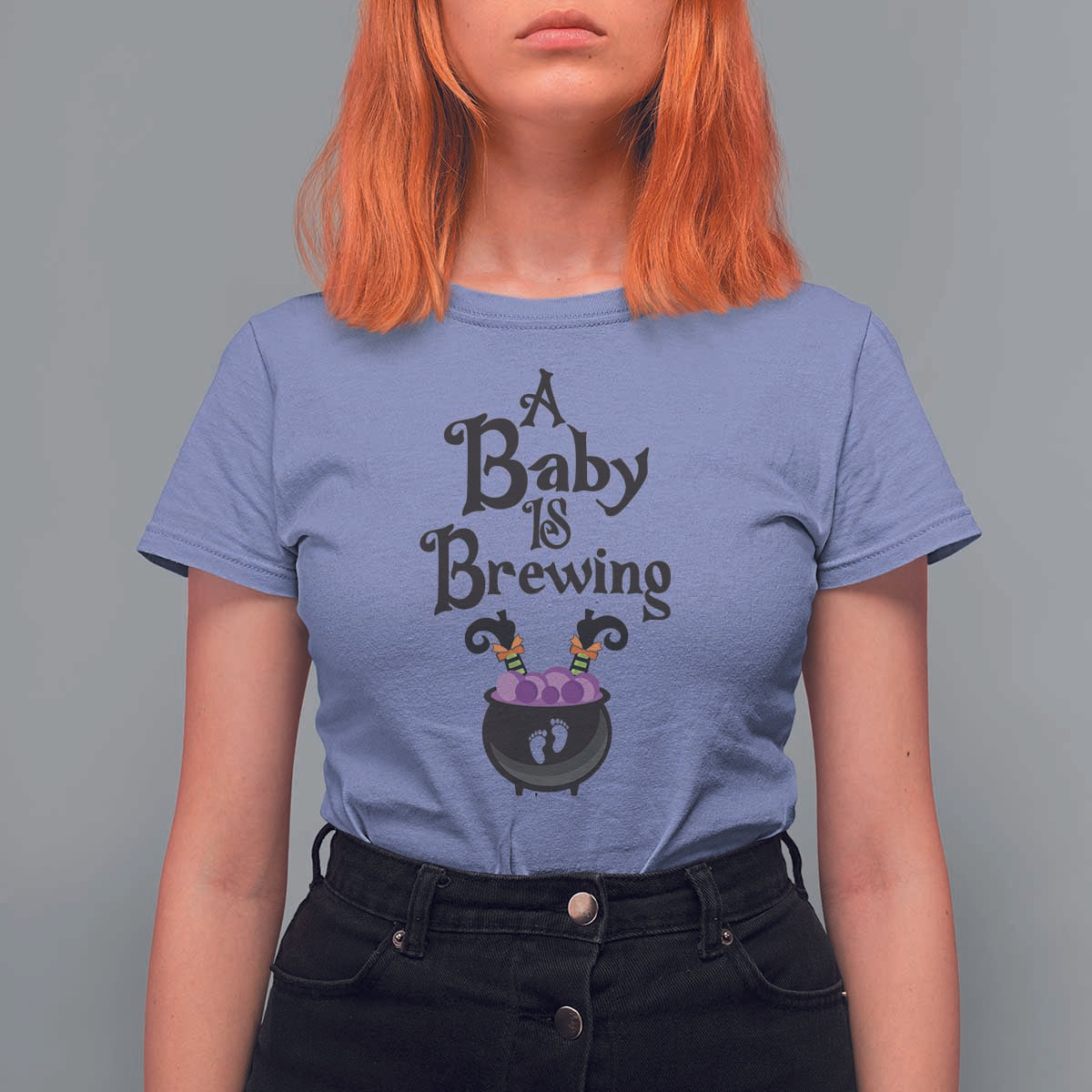 Funny Halloween Pregnancy Announcement T Shirt For Women A Baby Is Brewing Witch Cauldron Footprint Pregnant Baby - Wonder Print Shop
