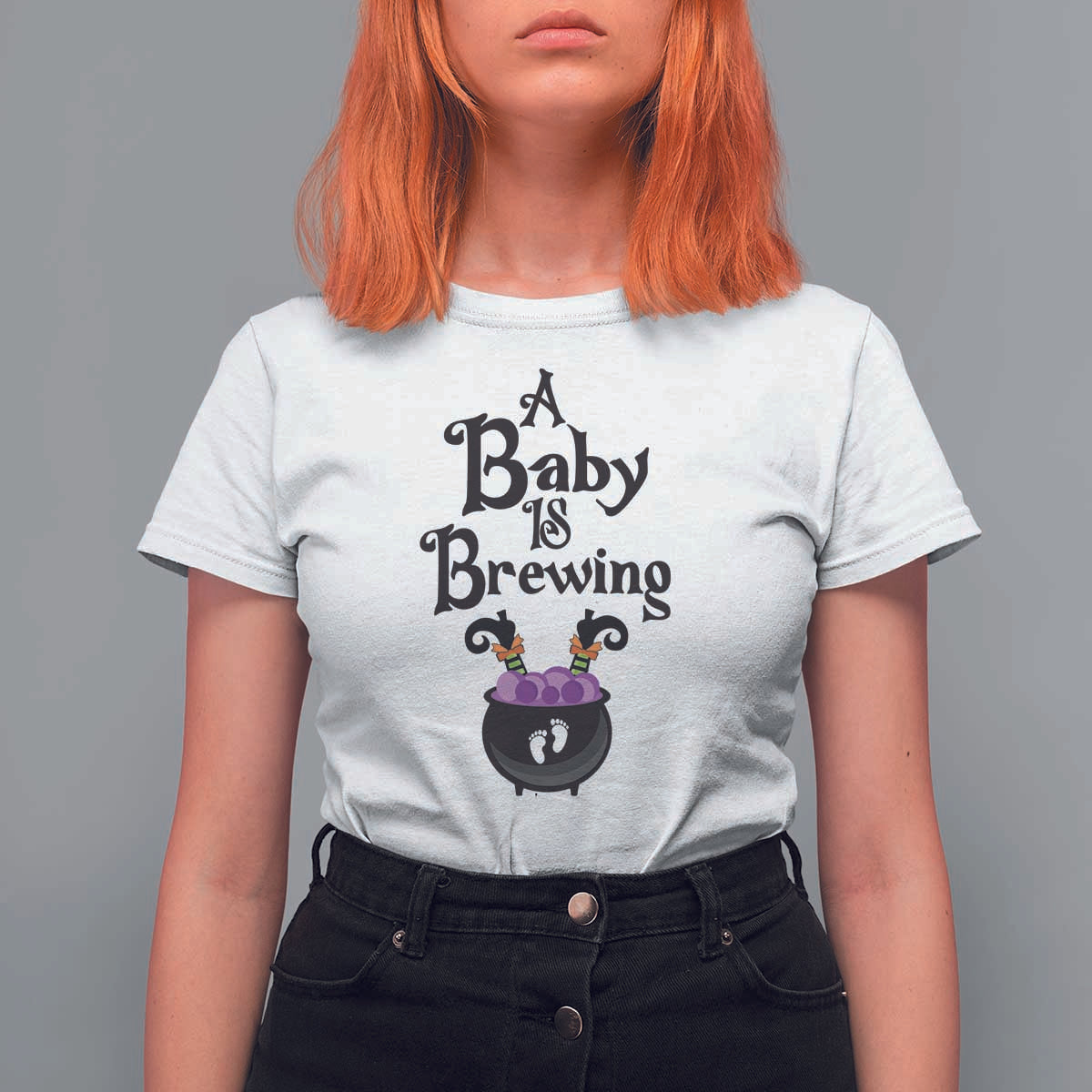 Funny Halloween Pregnancy Announcement T Shirt For Women A Baby Is Brewing Witch Cauldron Footprint Pregnant Baby - Wonder Print Shop