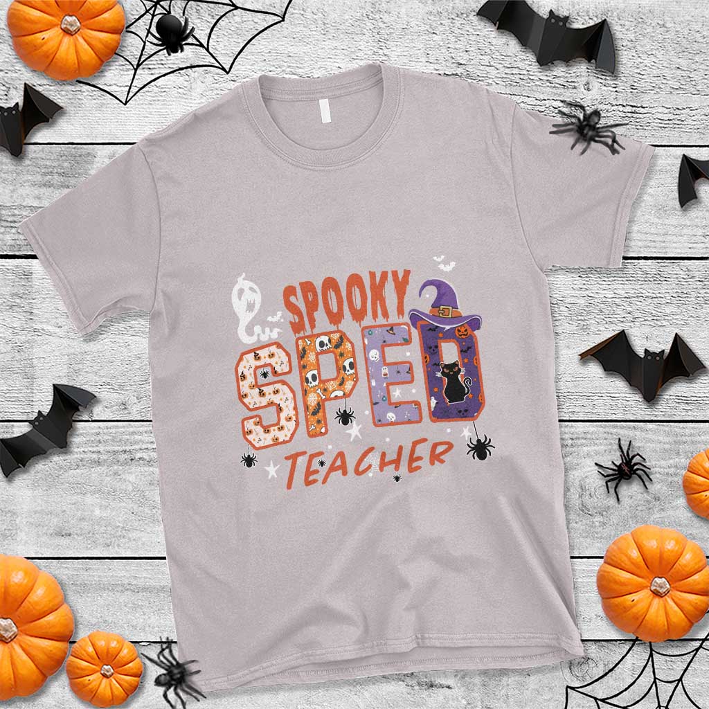 Spooky SPED Teacher T Shirt Special Education Teacher Halloween Witch Hat Cat Ghost - Wonder Print Shop