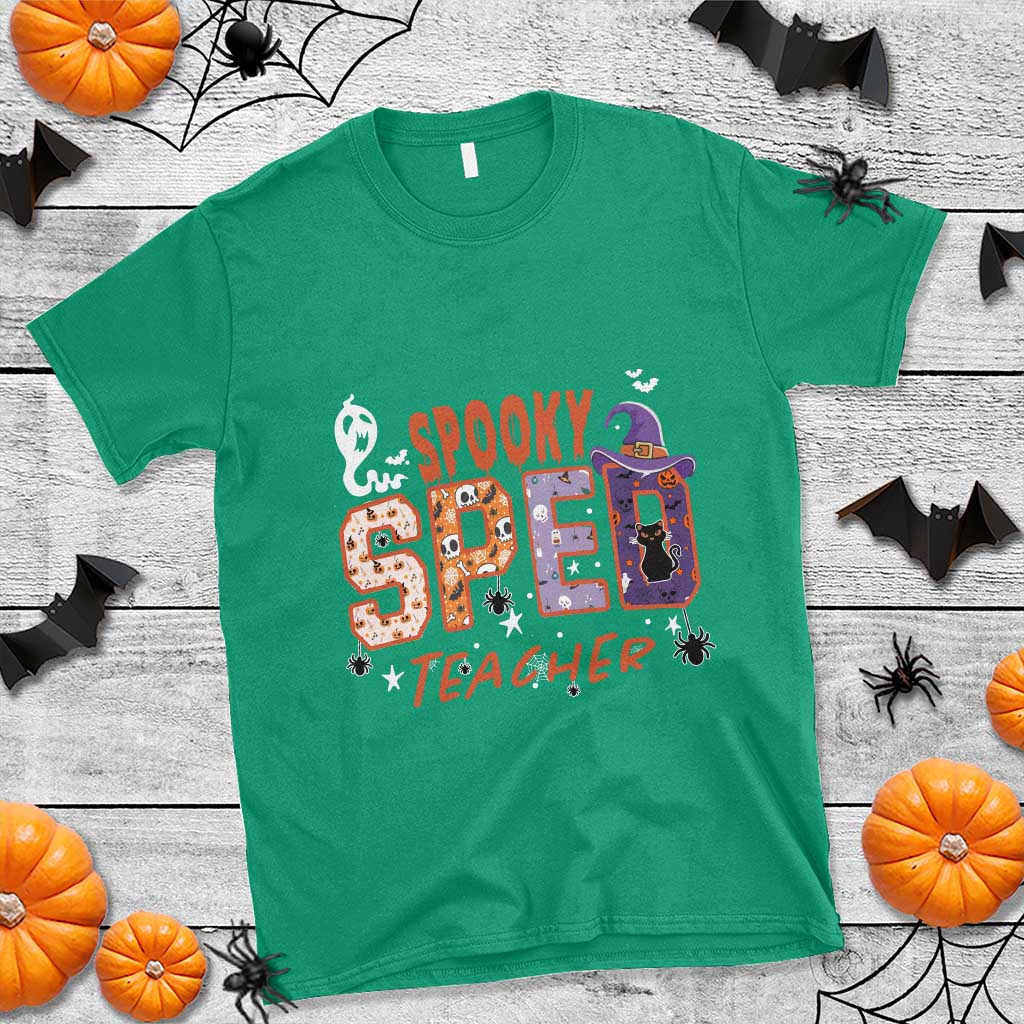 Spooky SPED Teacher T Shirt Special Education Teacher Halloween Witch Hat Cat Ghost - Wonder Print Shop