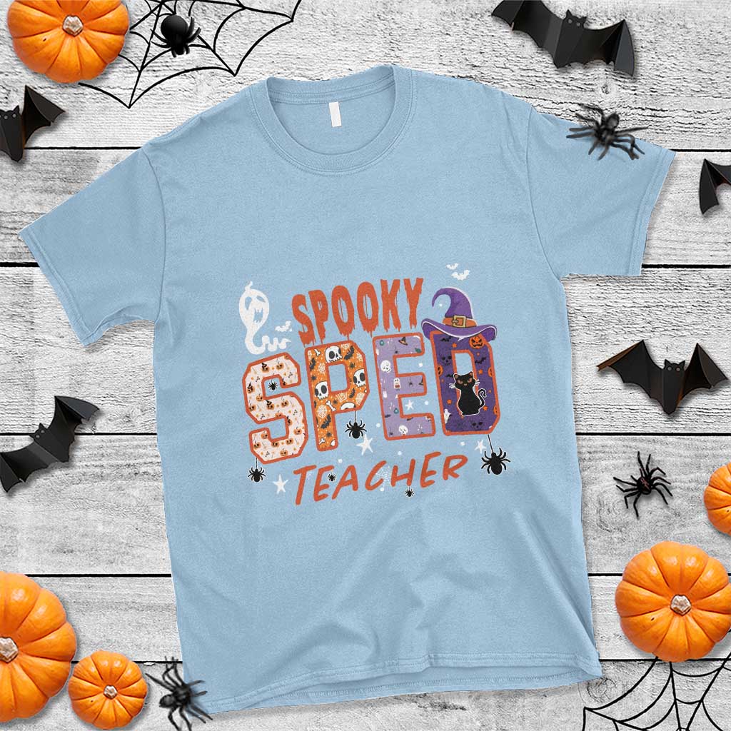 Spooky SPED Teacher T Shirt Special Education Teacher Halloween Witch Hat Cat Ghost - Wonder Print Shop