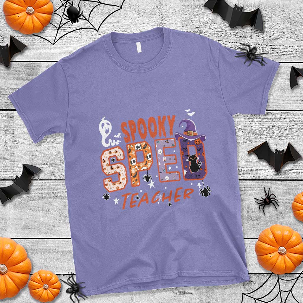 Spooky SPED Teacher T Shirt Special Education Teacher Halloween Witch Hat Cat Ghost - Wonder Print Shop