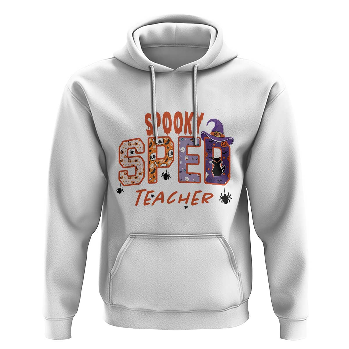 Spooky SPED Teacher Hoodie Special Education Teacher Halloween Witch Hat Cat Ghost - Wonder Print Shop