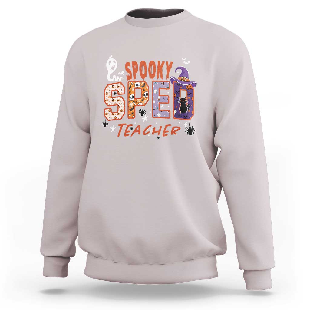 Spooky SPED Teacher Sweatshirt Special Education Teacher Halloween Witch Hat Cat Ghost - Wonder Print Shop