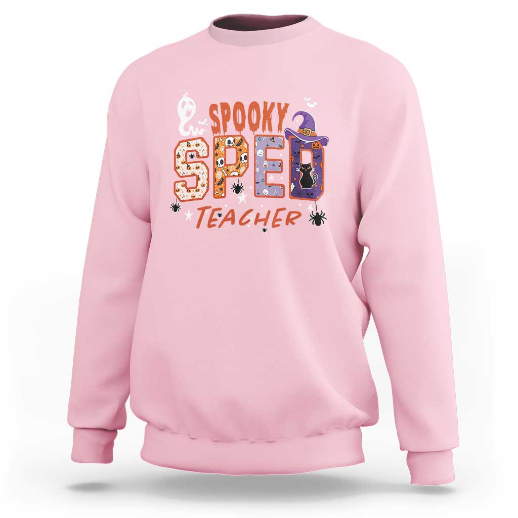 Spooky SPED Teacher Sweatshirt Special Education Teacher Halloween Witch Hat Cat Ghost - Wonder Print Shop
