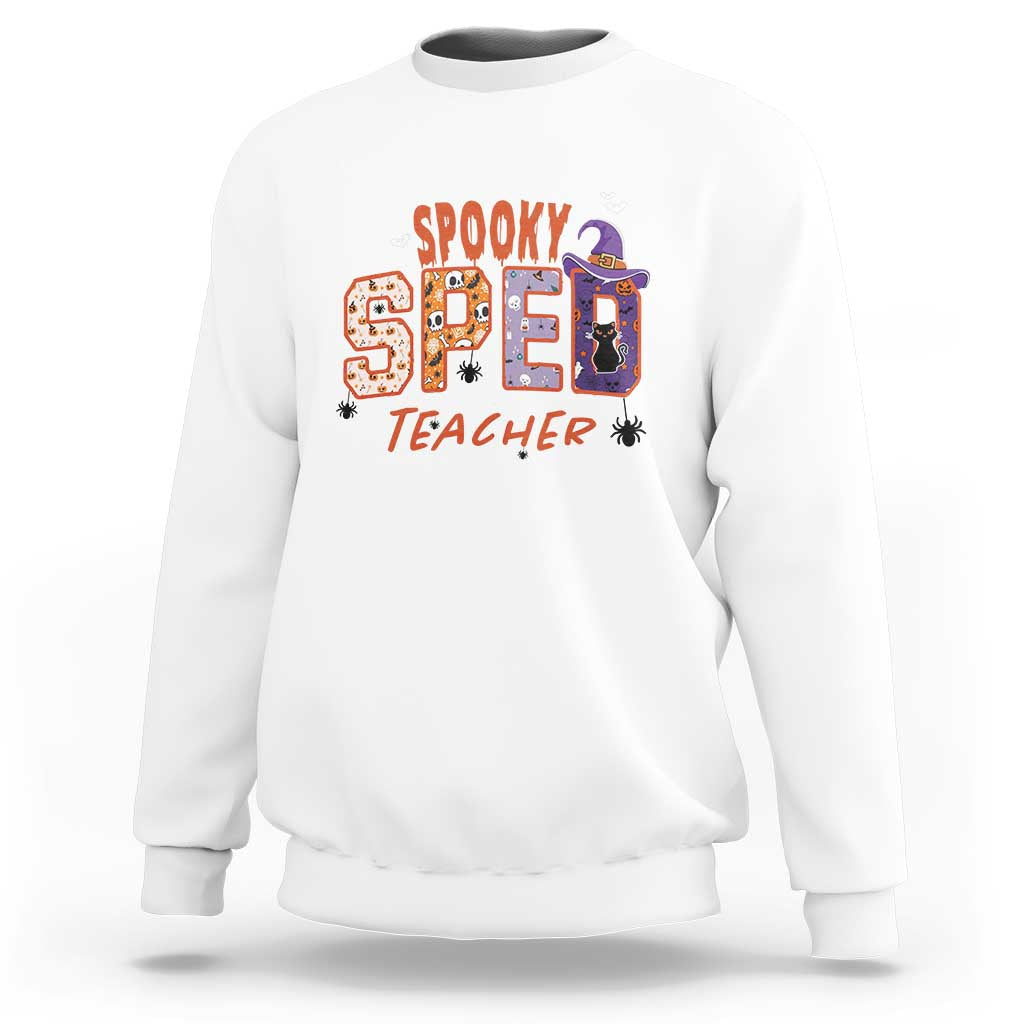 Spooky SPED Teacher Sweatshirt Special Education Teacher Halloween Witch Hat Cat Ghost - Wonder Print Shop