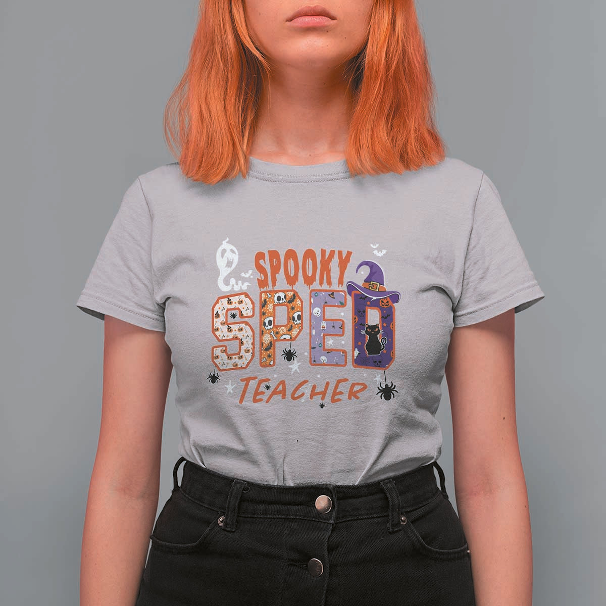 Spooky SPED Teacher T Shirt For Women Special Education Teacher Halloween Witch Hat Cat Ghost - Wonder Print Shop