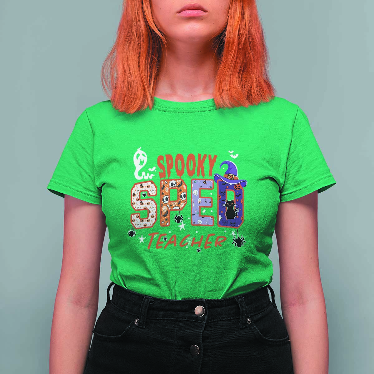 Spooky SPED Teacher T Shirt For Women Special Education Teacher Halloween Witch Hat Cat Ghost - Wonder Print Shop