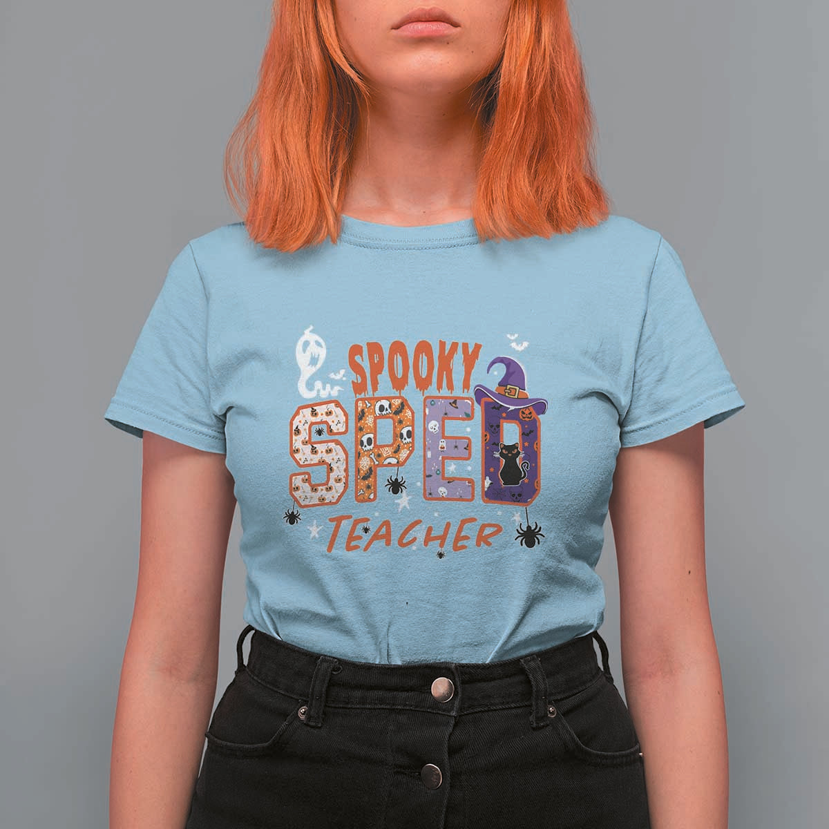 Spooky SPED Teacher T Shirt For Women Special Education Teacher Halloween Witch Hat Cat Ghost - Wonder Print Shop