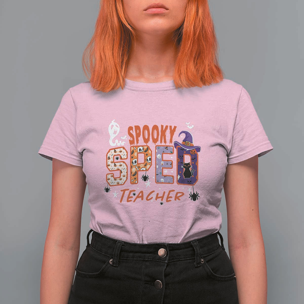Spooky SPED Teacher T Shirt For Women Special Education Teacher Halloween Witch Hat Cat Ghost - Wonder Print Shop