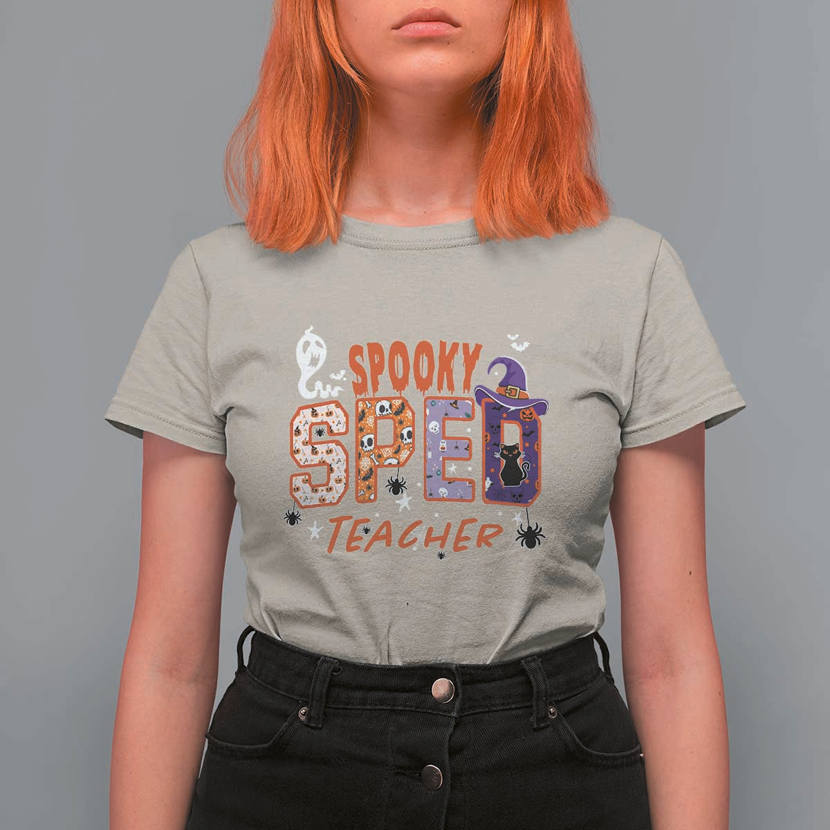 Spooky SPED Teacher T Shirt For Women Special Education Teacher Halloween Witch Hat Cat Ghost - Wonder Print Shop