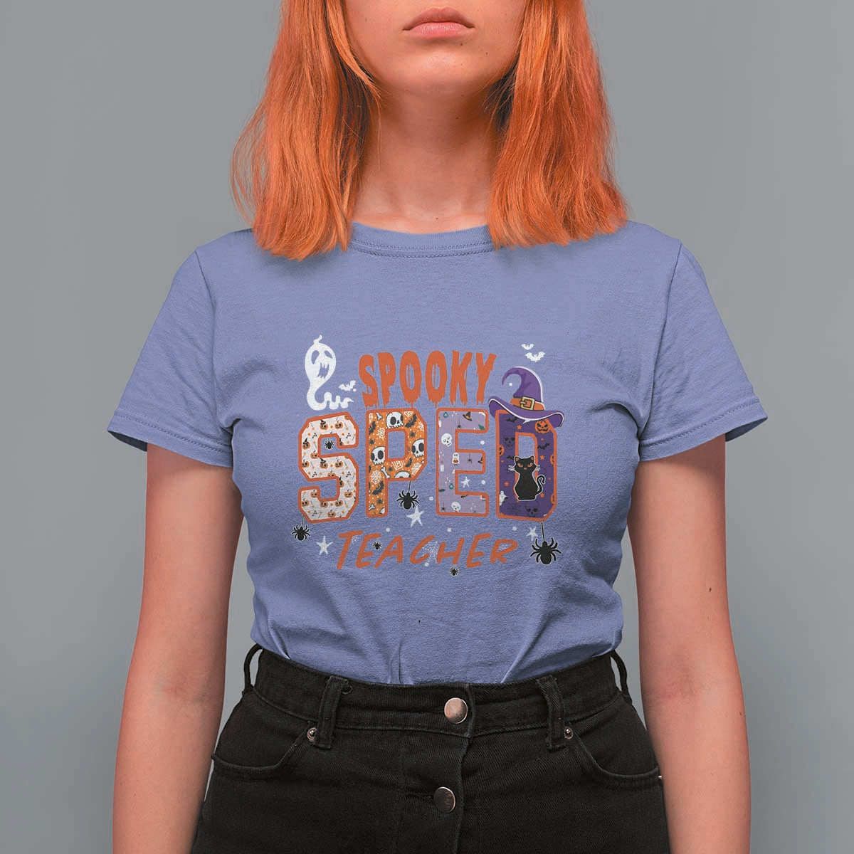 Spooky SPED Teacher T Shirt For Women Special Education Teacher Halloween Witch Hat Cat Ghost - Wonder Print Shop