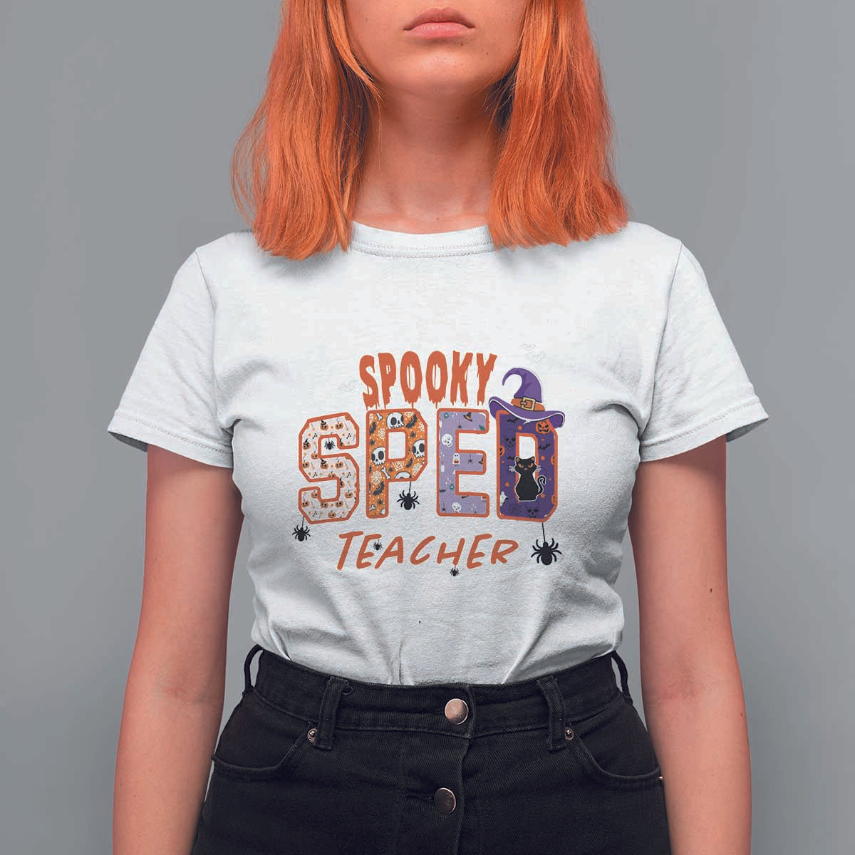 Spooky SPED Teacher T Shirt For Women Special Education Teacher Halloween Witch Hat Cat Ghost - Wonder Print Shop